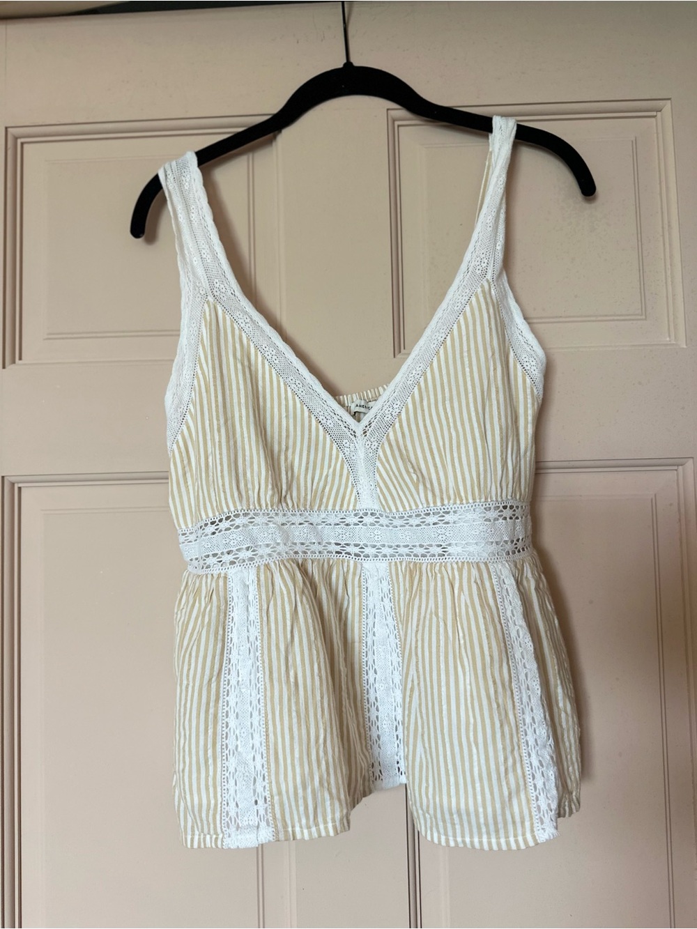 American Eagle Outfitters Cream and White Striped Lace Trim Tank Top